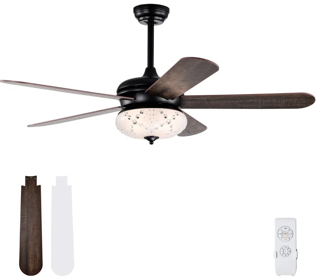 Ventoinha de teto de 132 cm com controle remoto 2 hastes e 5 aletas reversíveis Ventilador interno para casa Preta