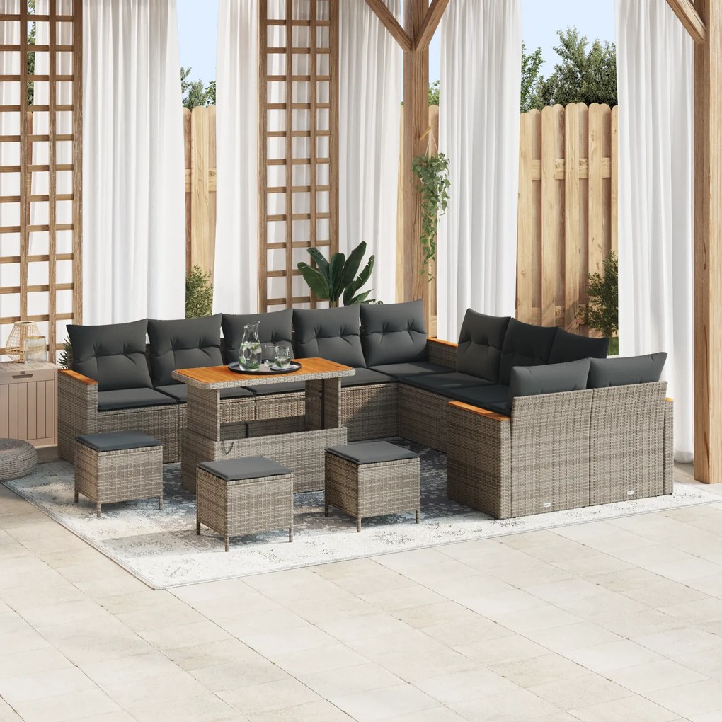 Conjunto de Sofá de Jardim com 14 Peças com Almofadas Cinza Rattan Sintético Acácia