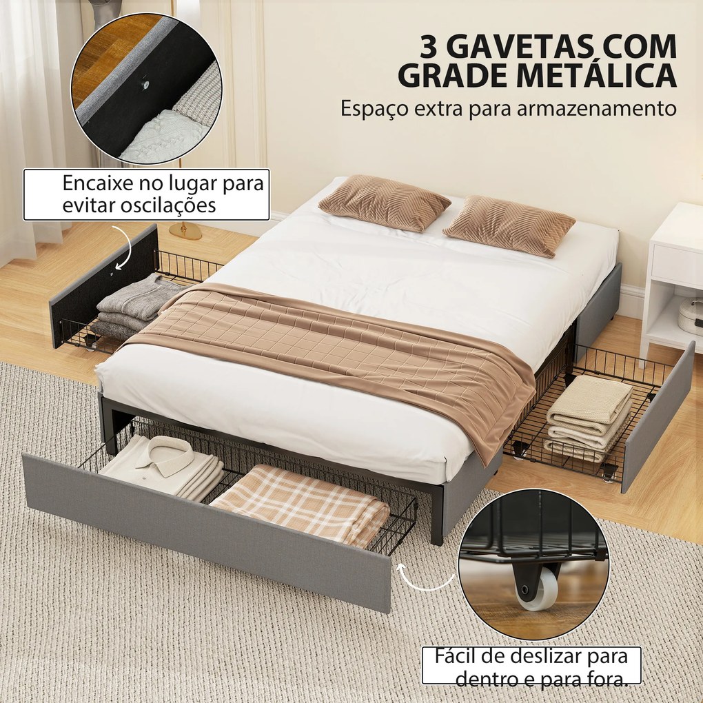 Cama de Casal 140x190 cm (COLCHÃO NÃO INCLUIDO) com Estrado com 3 Gavetas e Estrutura Metálica Suporta 363 kg Cinzento