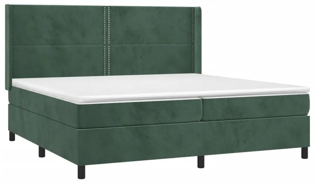 Cama box spring c/ colchão/LED 200x200 cm veludo verde-escuro