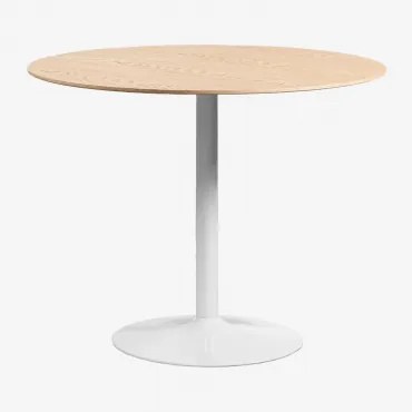 Mesa De Jantar Redonda Em Mdf E Ferro Yvetta Branco & Ø90 Cm & Castanho Roble - Sklum