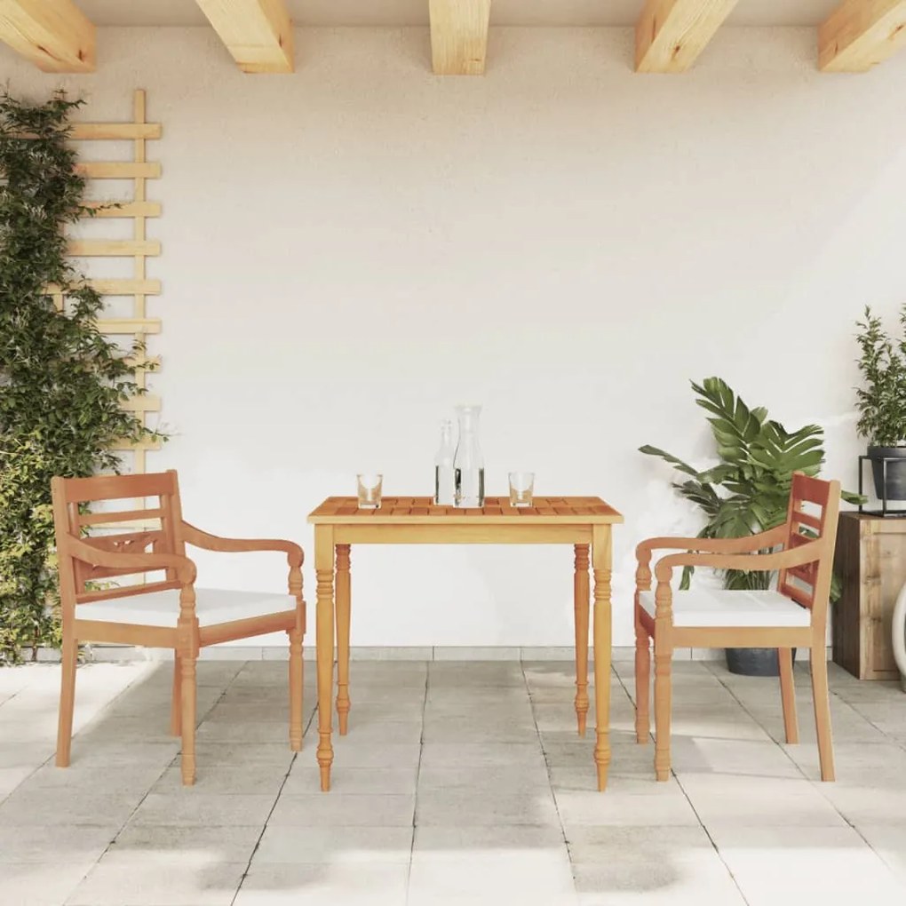 vidaXL 3pcs conjunto jantar p/ jardim c/almofadões brancos teca maciça