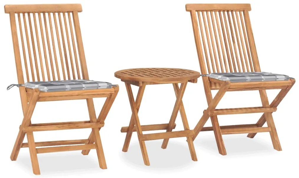3 pcs conj. jantar dobrável exterior c/ almofadão teca maciça