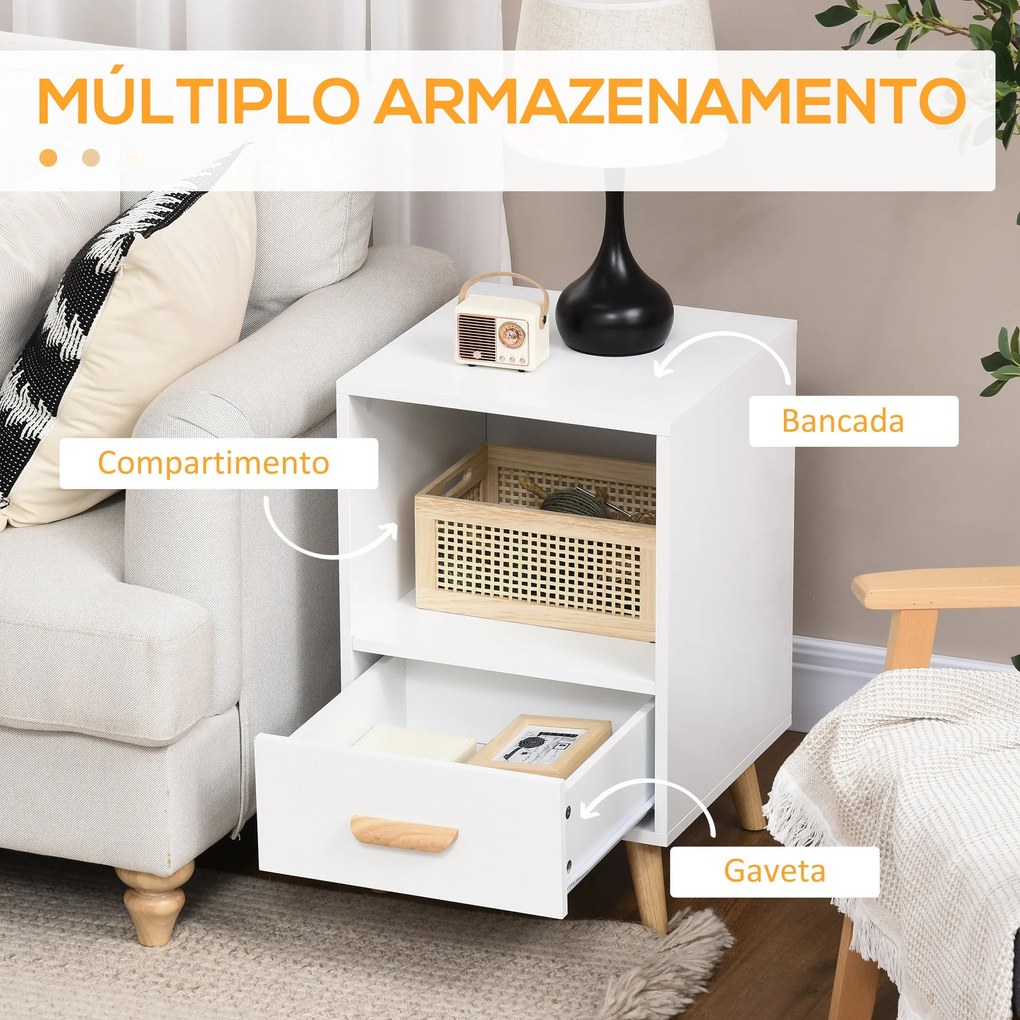 Mesa de Cabeceira Mesa Auxiliar Moderna com 1 Gaveta e Compartimento de Armazenamento para Dormitório Sala de Estar 40x40x62cm Branco e Madeira