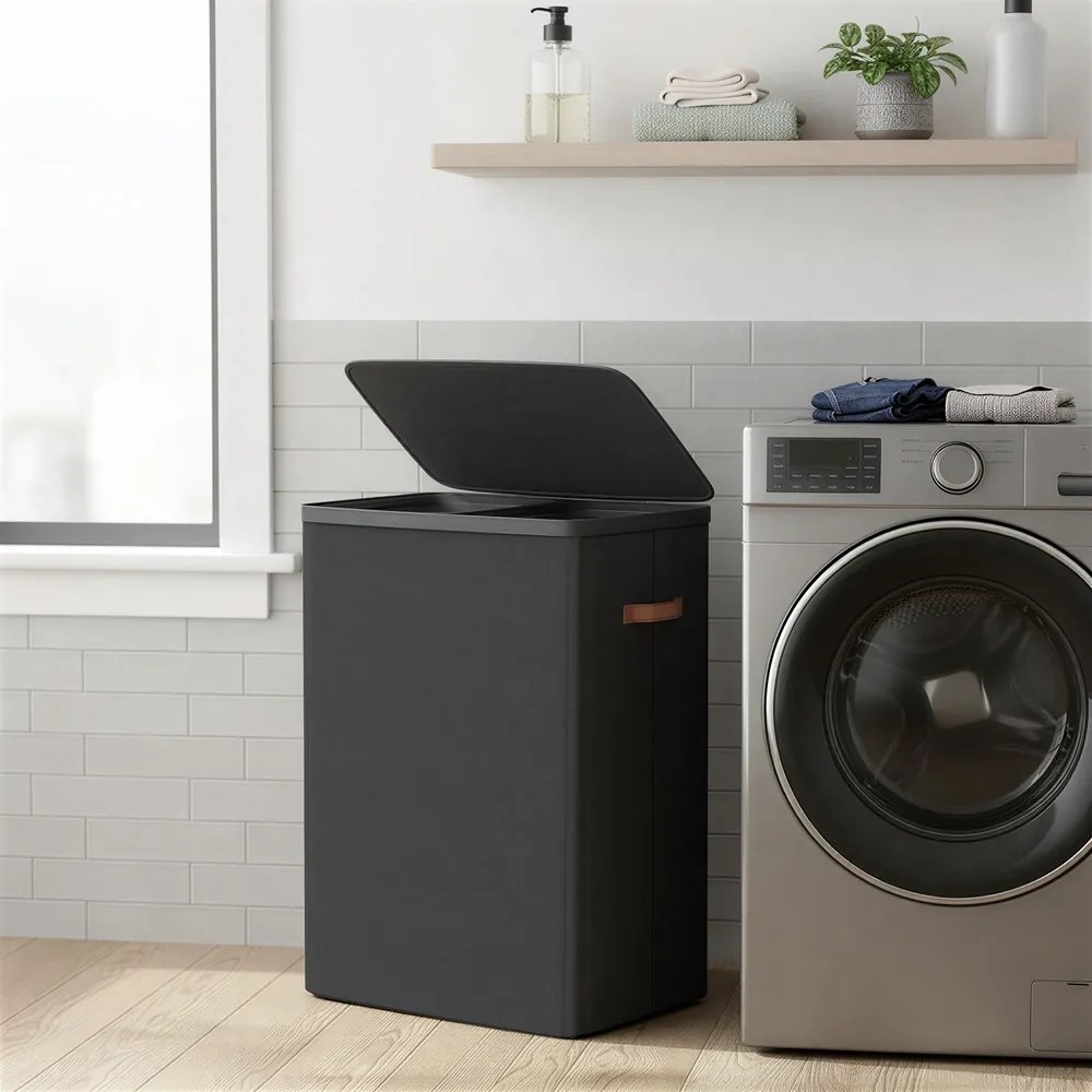 Cesto da roupa suja, cesto de 170 L com 2 compartimentos 56 x 40 x 75 cm, preto