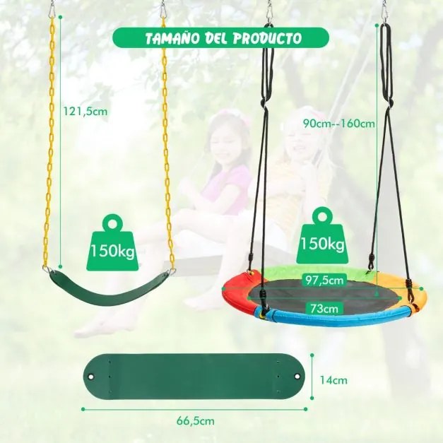 Conjunto de estrutura metálica para baloiço com capacidade para 250 kg, incluindo 2 baloiços elásticos e um disco voador, para jardim, pátio ou espaço