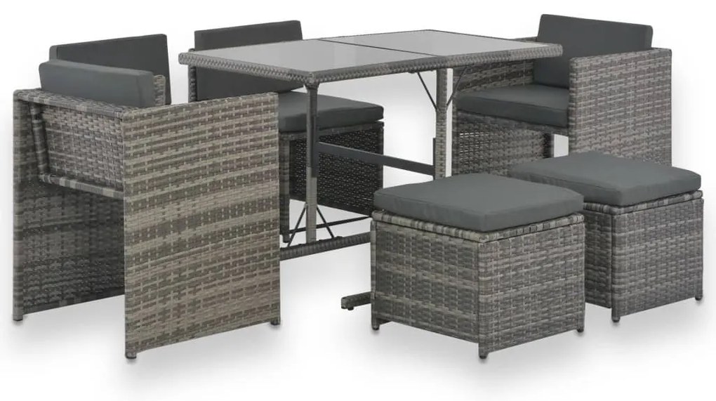 Conjunto jantar p/ exterior com almofadões 7 pcs vime cinzento