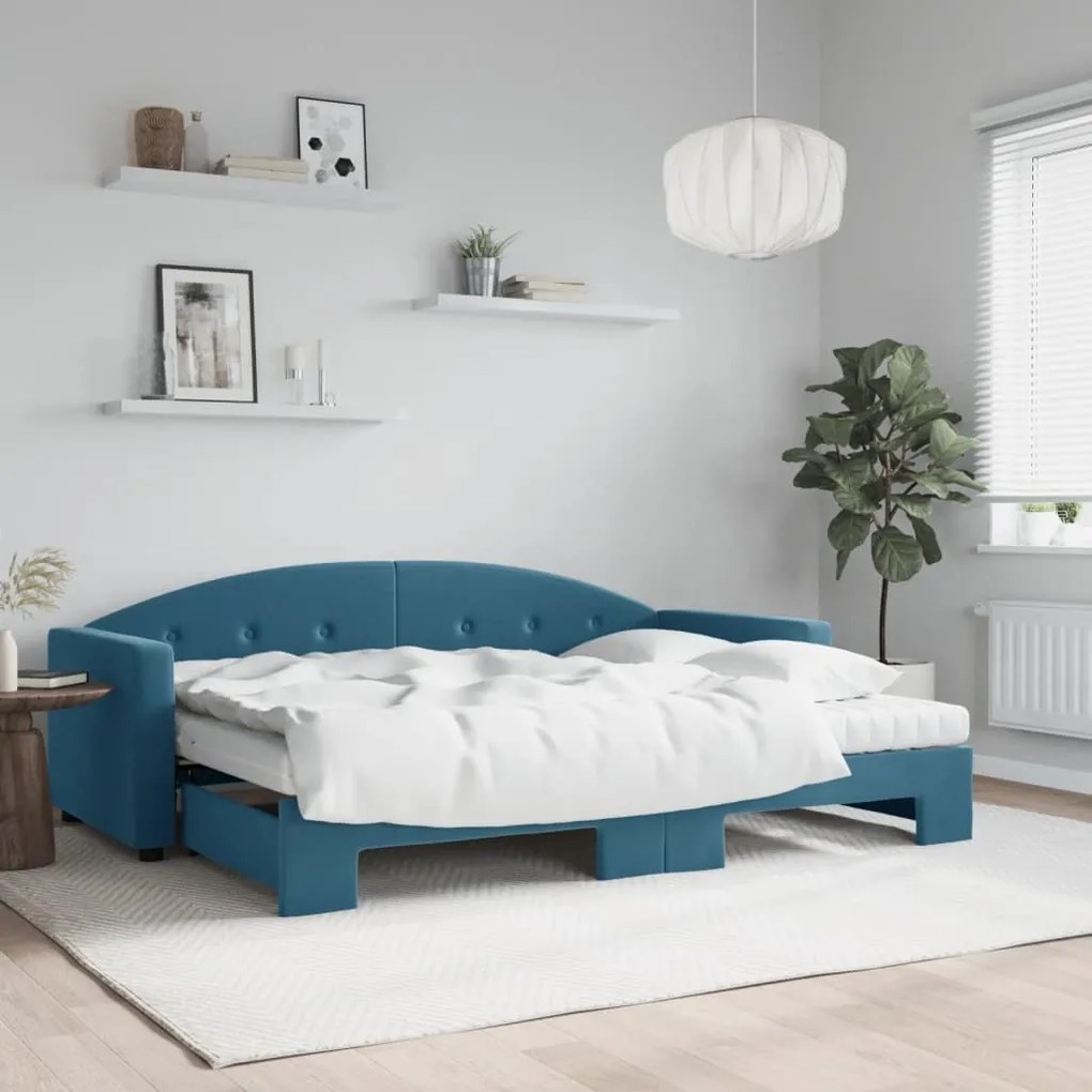 vidaXL Sofá-cama com gavetão e colchões 80x200 cm veludo azul
