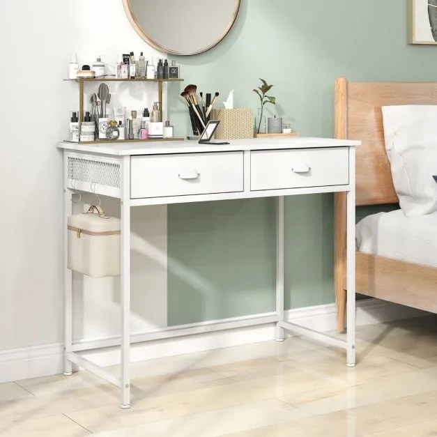 Secretária compacta com 2 gavetas em tecido, 4 ganchos para pendurar e estrutura em metal 90 x 45 x 75 cm Branca