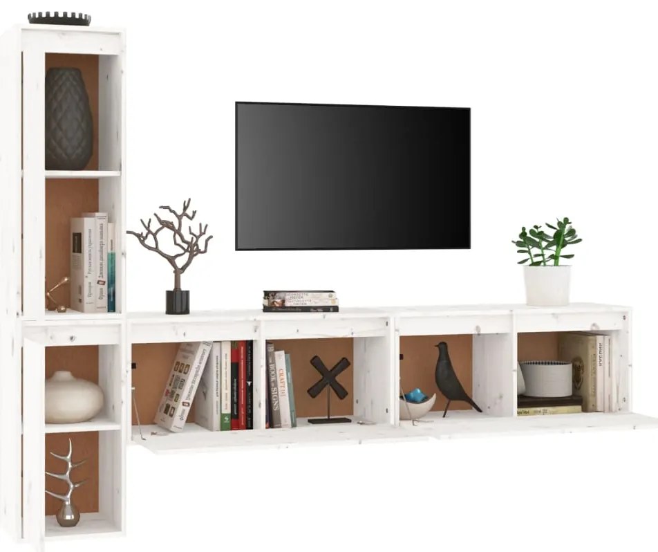 Móveis de TV 4 pcs madeira de pinho maciça branco
