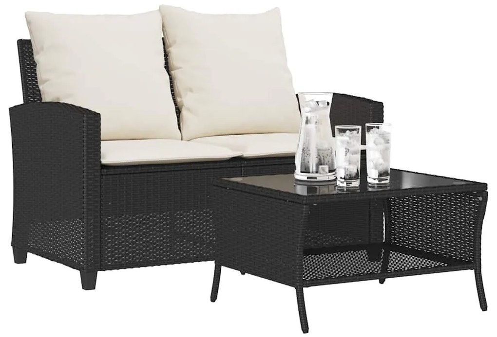 vidaXL Sofá de jardim 2 lugares com almofadões vime PE preto
