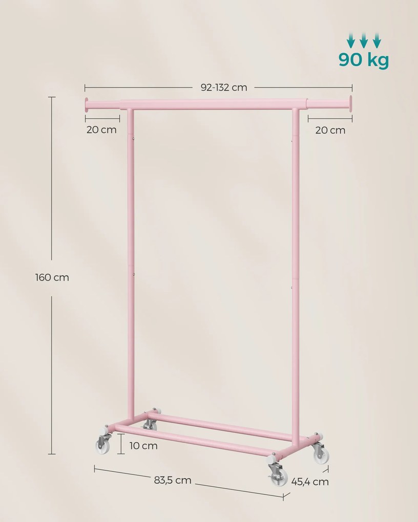 Guarda Roupa sobre Rodas, carregável até 90 kg 45,4 x (92-132) x 160 cm cor-de-rosa pastel