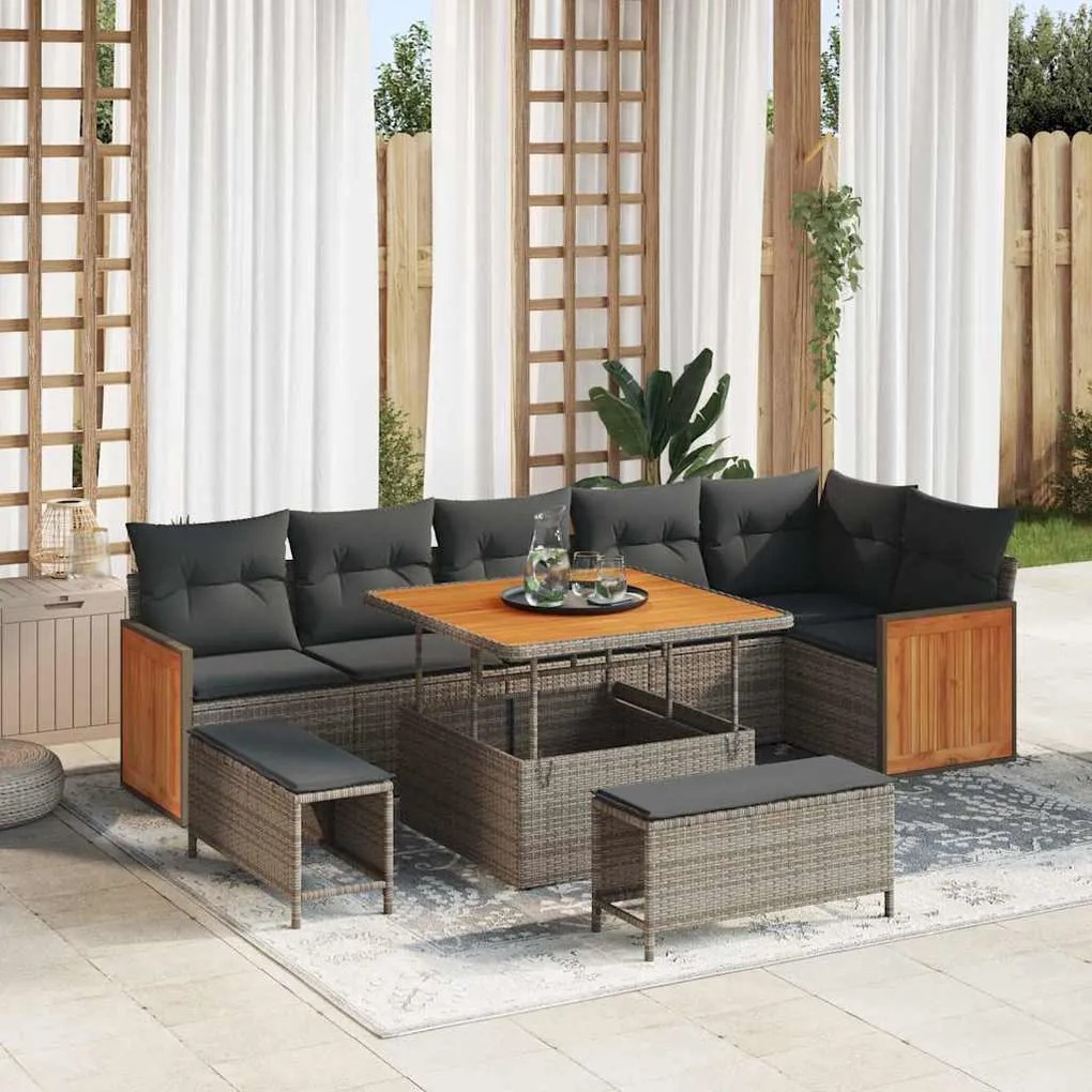 Conjunto de Sofá de Jardim de 9 Peças com Almofadas Cinza Polyrattan A