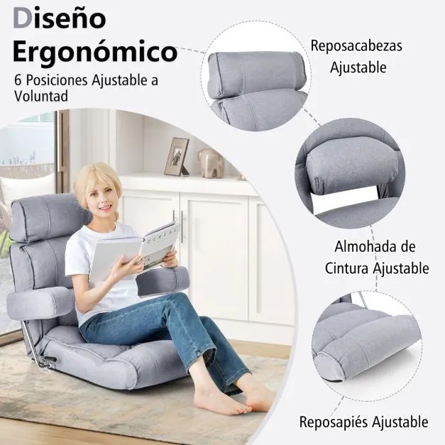 Sofá chão dobrável com encosto ajustável em 6 posições Encosto de cabeça/descanso lombar Cinzento