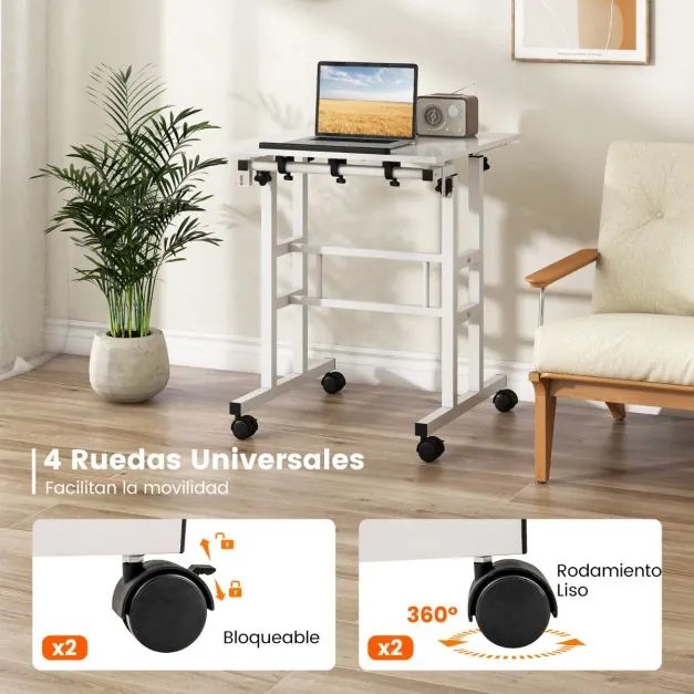 Secretária de pé para computador 60 x 30 x 72-124 cm com rodas Altura ajustável Tampo dividido e ângulo ajustável 2 ganchos Branco