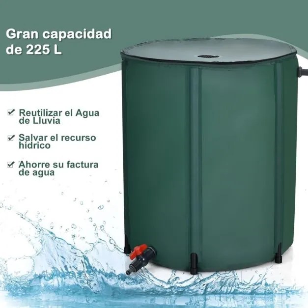 Deposito agua de chuva dobrável 225 L Depósito de água com torneira, válvula de drenagem e filtro para irrigação, pesca, campismo 60 x 80 cm Verde
