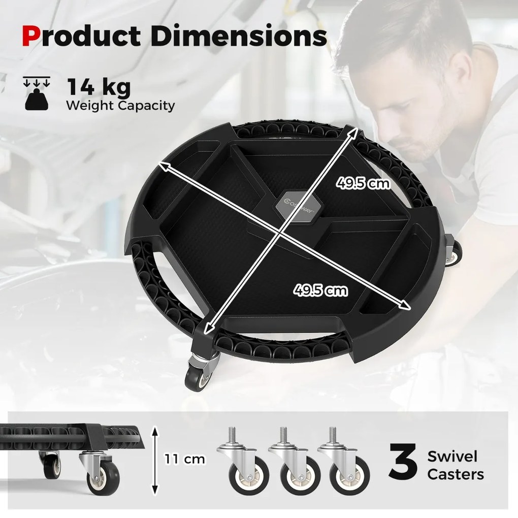 Carrinho para ferramentas redondo Oficina 49,5 x 11 cm com 3 rodas giratórias e 4 compartimentos Preto