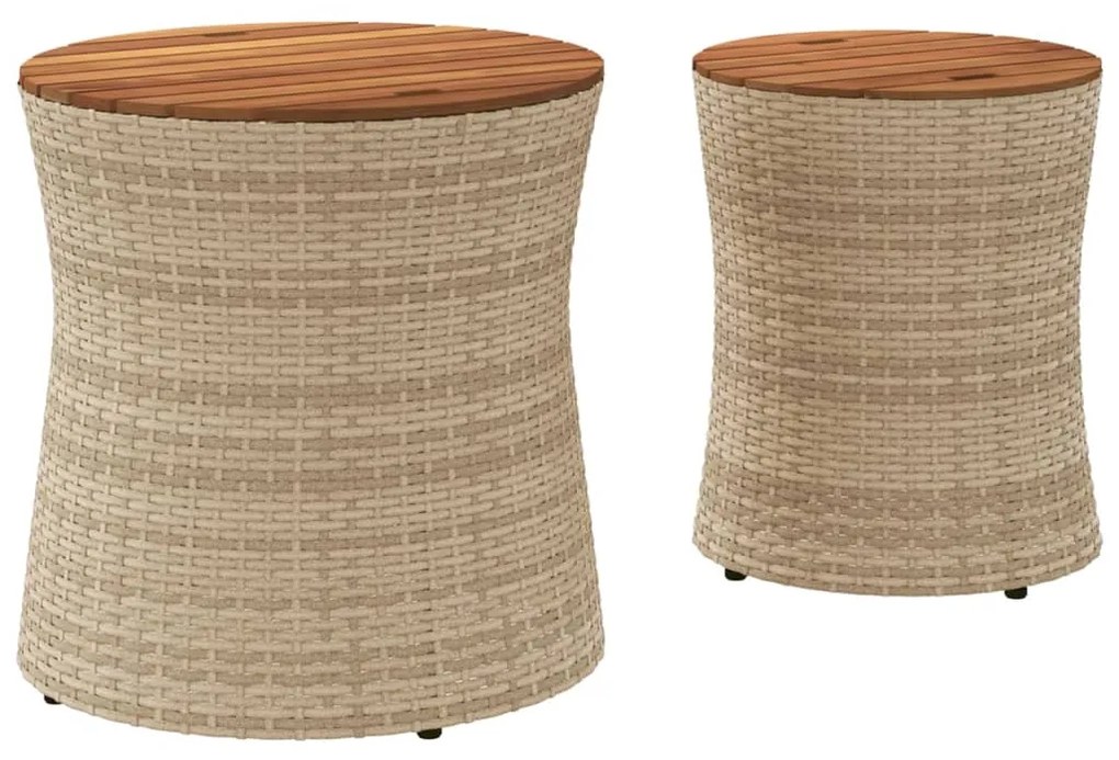 Mesas de apoio p/ jardim c/ tampo de madeira 2pcs vime PE bege