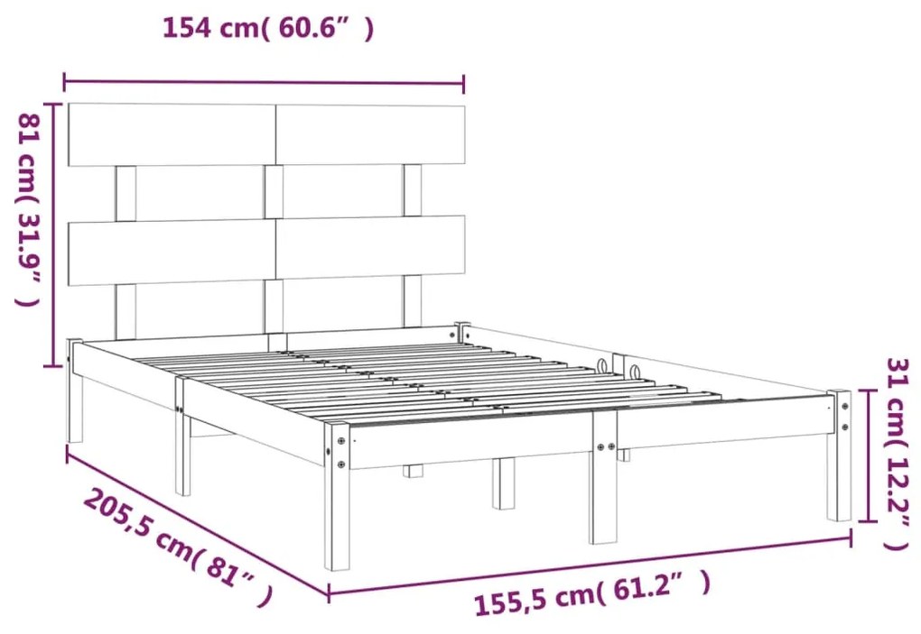 Estrutura de cama king 150x200 cm madeira maciça cinzento