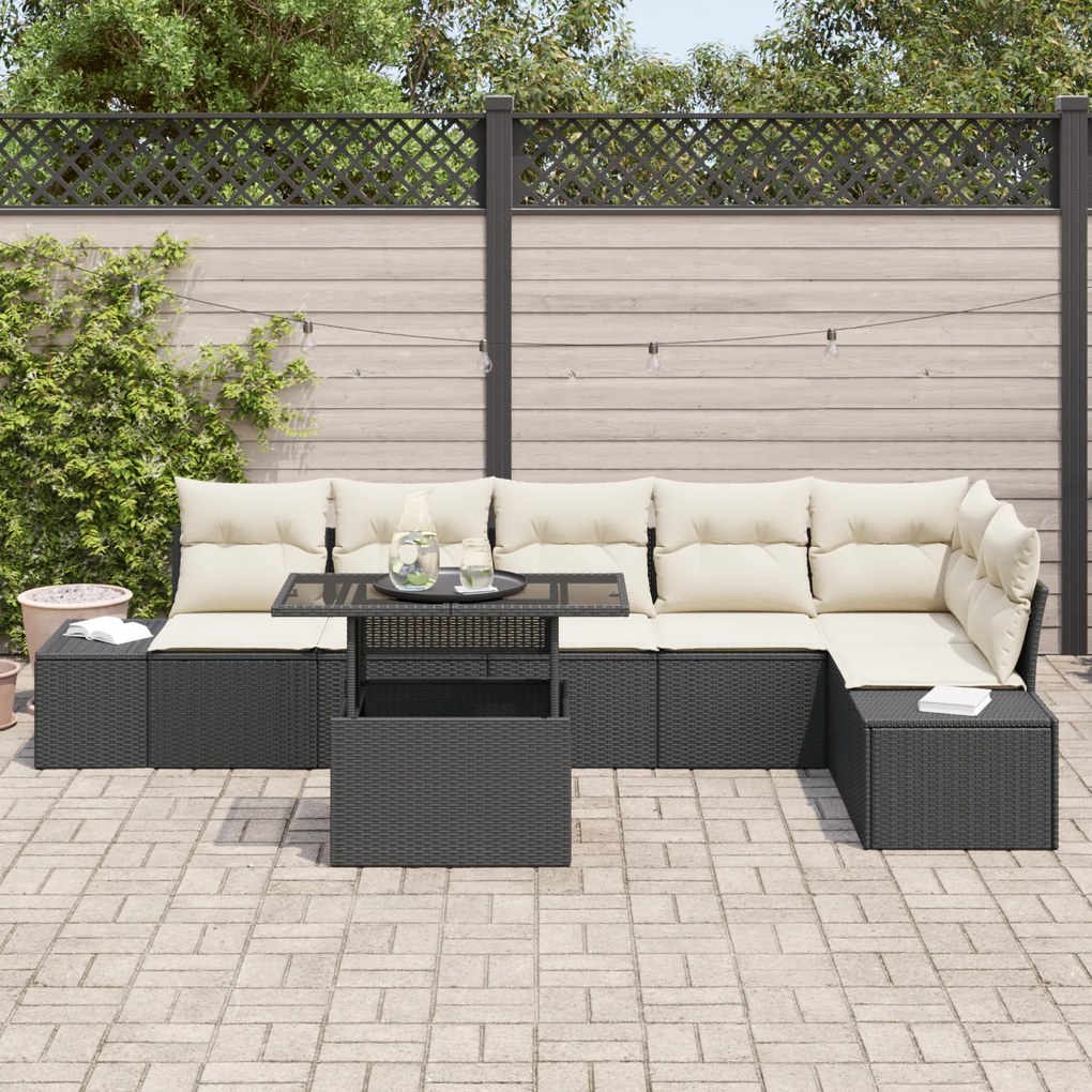 Conjunto de Sofás de Jardim 7 Peças com Almofadas Preto em Rattan Poli