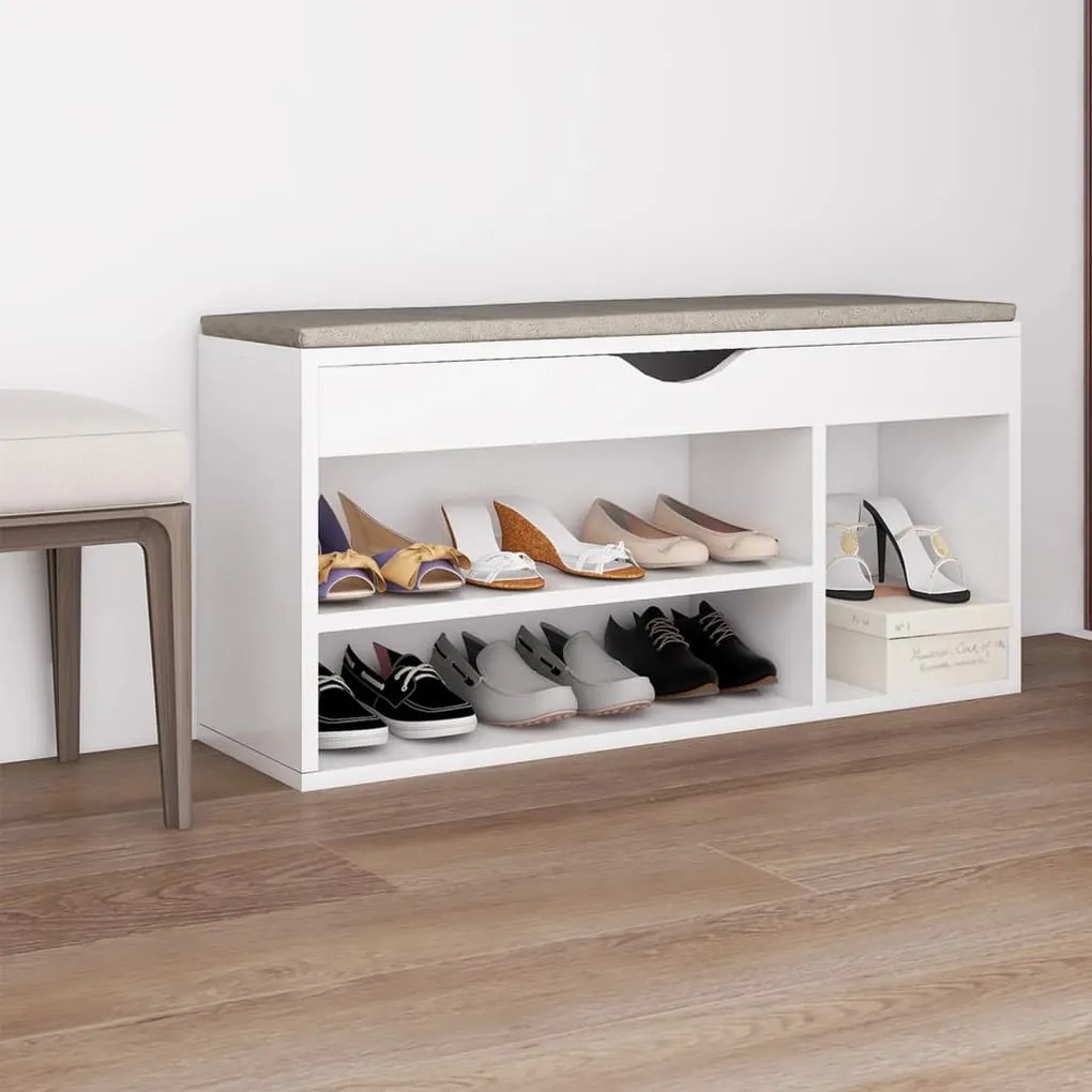 326750 vidaXL Banco sapateira c/ almofadão contraplacado 104x30x49 cm branco