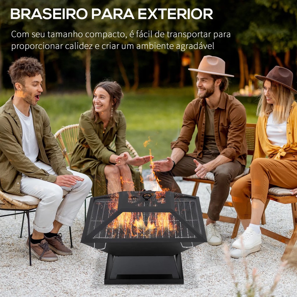 Braseiro Exterior de Aço Multifuncional com Tampa Protetora e Atiçador para Churrascos Fogueiras 45x45x34 cm Preto