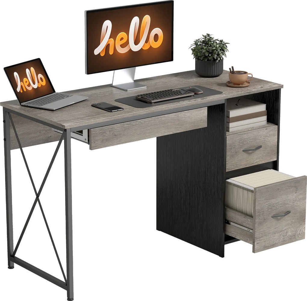 Secretária para computador, 120×50 cm, com espaço de arrumação, suporte para teclado, compartimento aberto e 2 gavetas, cinzenta