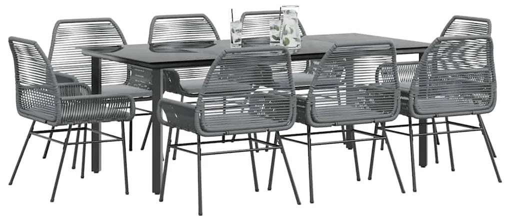 Conjunto jantar jardim 9 peças almofadas vidro vime cinzento PE