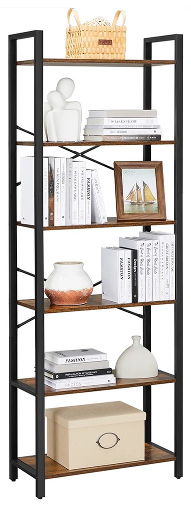 Estante com 6 prateleiras e estrutura em aço 30 x 66 x 186 cm Castanho Vintage-preto