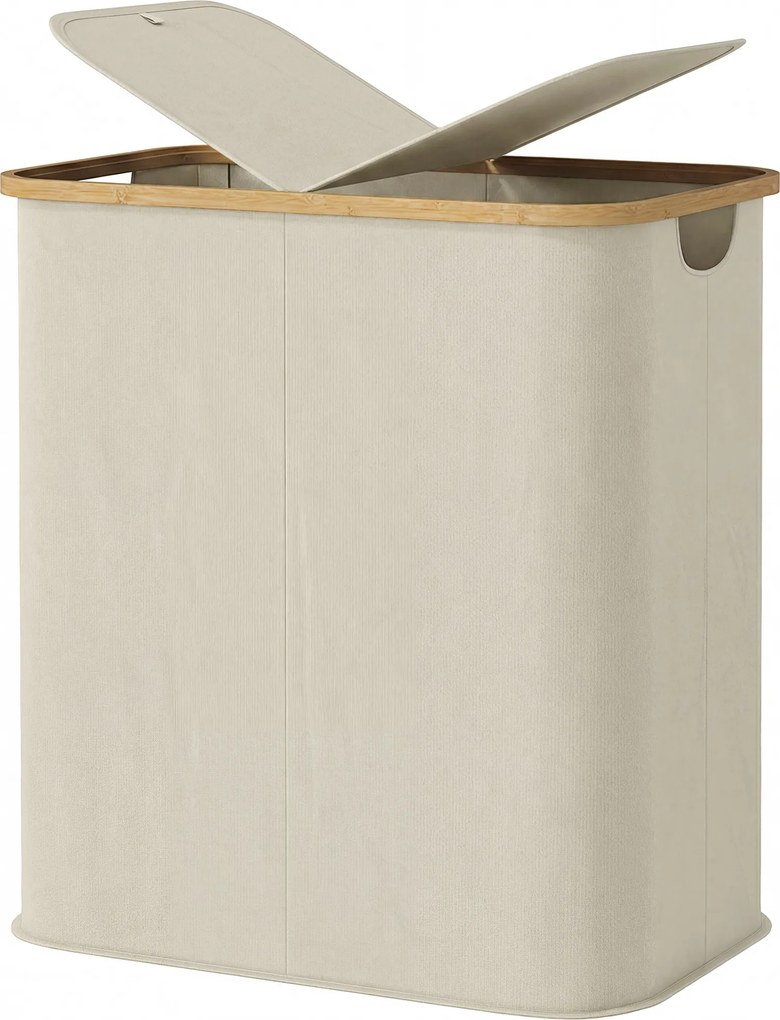 Cesto de roupa suja dobrável de dupla camada, 80 L, 54 x 34 x 58,5 cm com tampa e pegas ranhuradas, bege