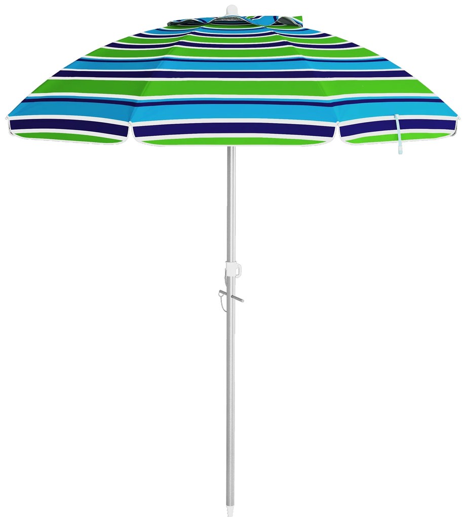 Chapéu de Sol de Praia Ø178x205 cm com Inclinação de 45° e Altura Ajustável Abertura Manual Anti-UV Impermeável Multicolor