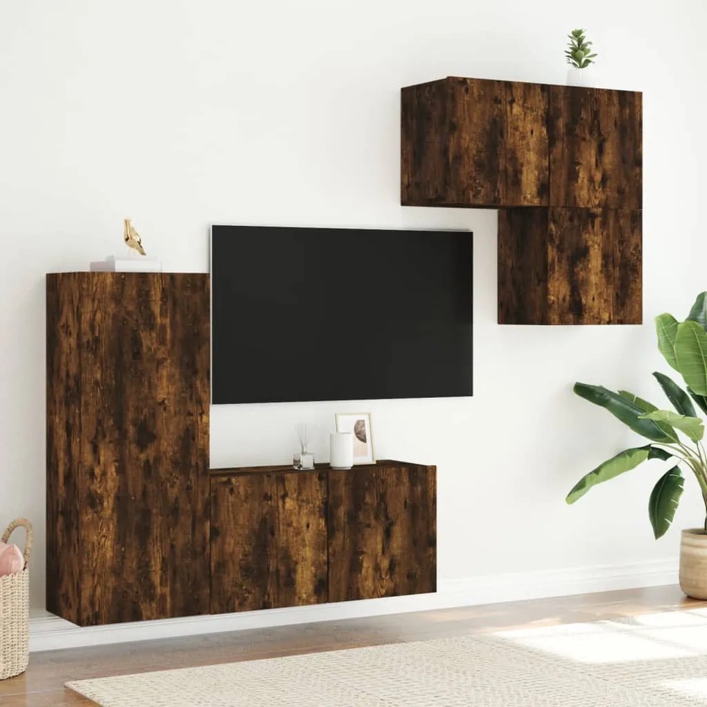 4 pcs móveis de parede p/ TV derivados madeira carvalho fumado