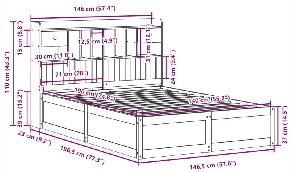 Cama sem colchão 140x190 cm pinho maciço castanho-mel