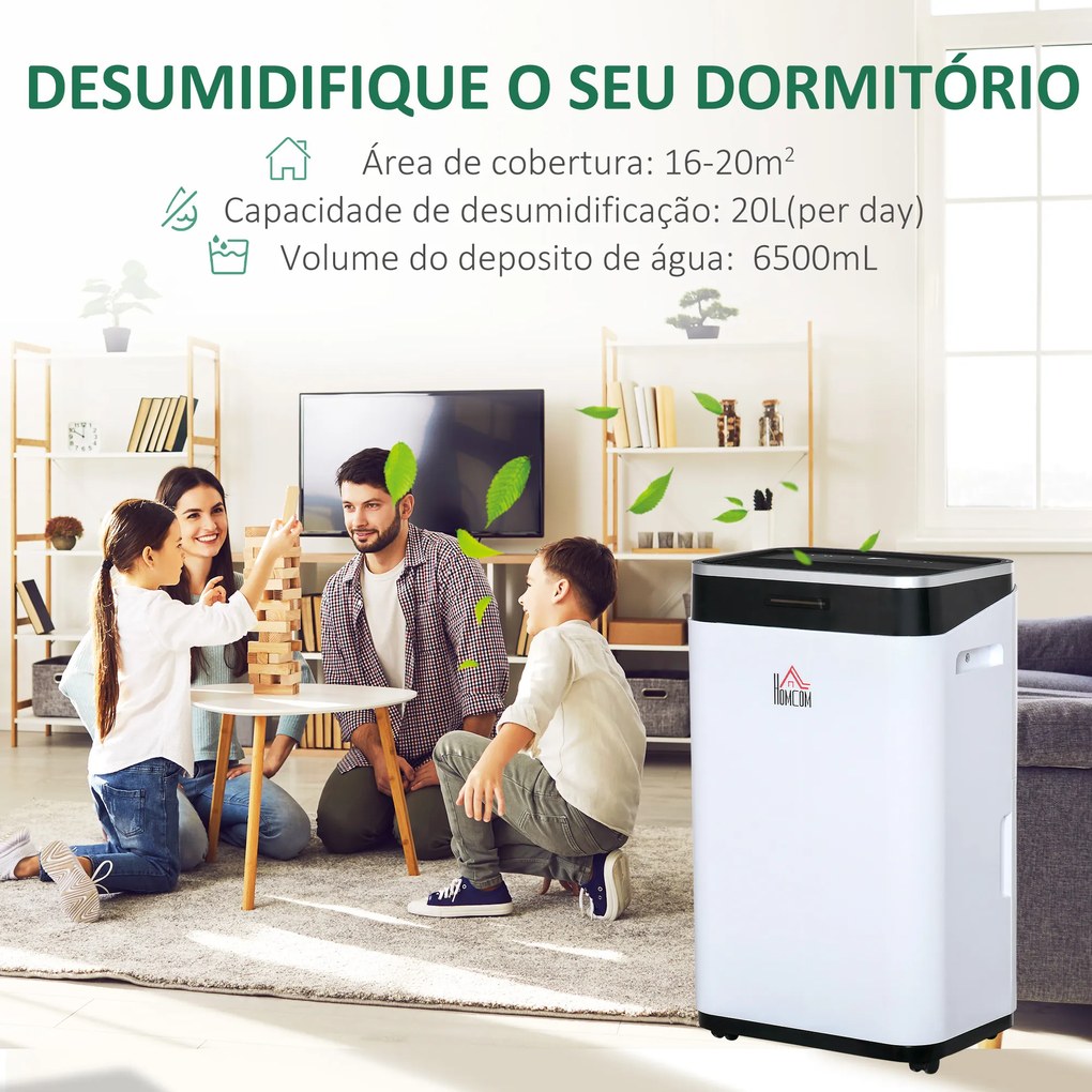 HOMCOM Desumidificador Elétrico 6,5L 20L/Dia com 3 Modos 2 Velocidades Tela LED Luzes Indicadoras Temporizador e Rodas Silencioso para Casa 34x24x57cm Branco