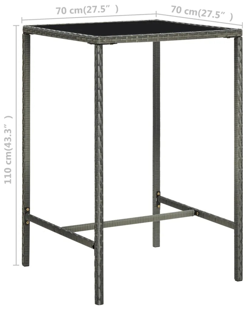 Mesa de bar para jardim 70x70x110 cm vidro e vime PE cinzento