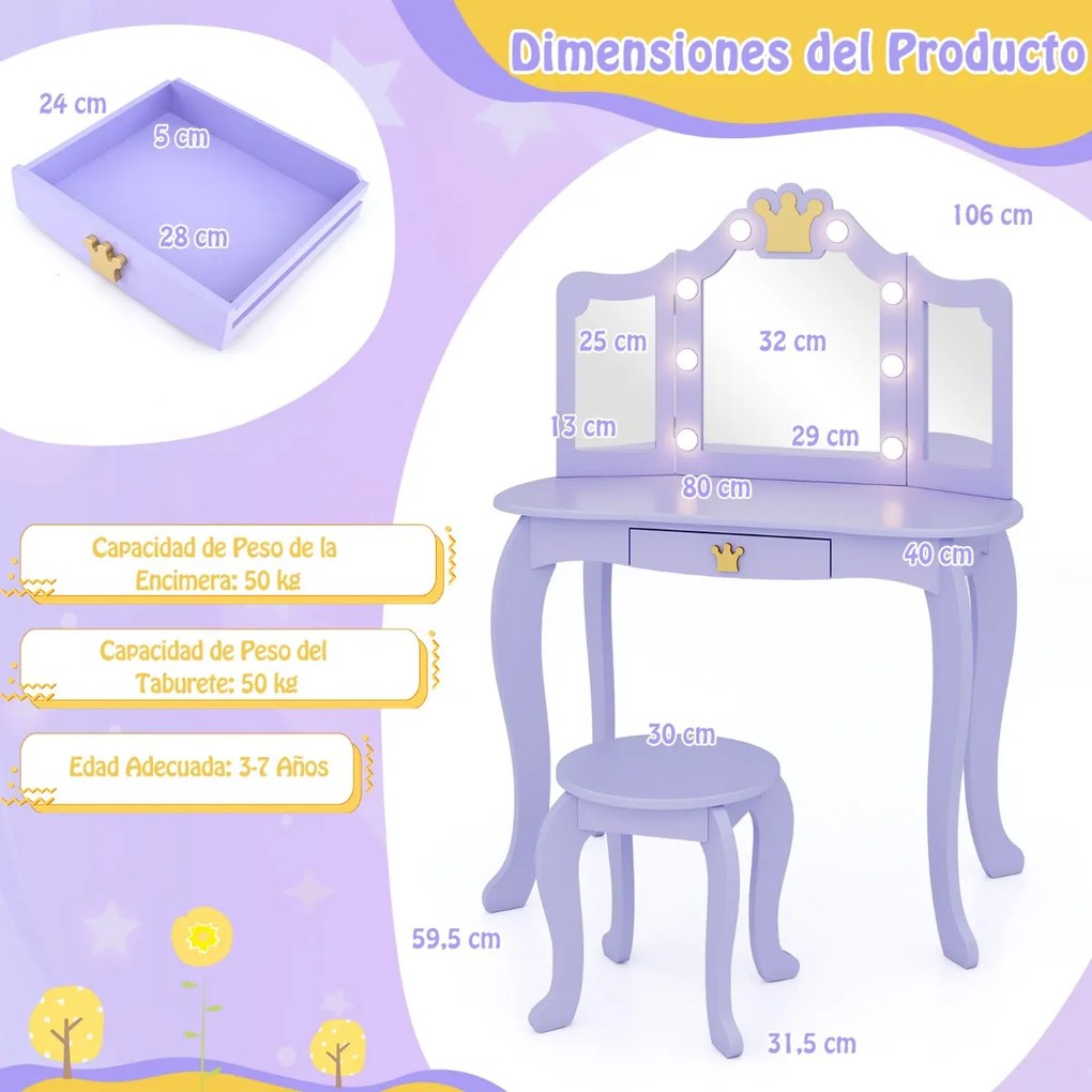 Conjunto de Toucador infantil com espelho iluminado dobrável, brilho ajustável, e cadeira de princesa, gaveta removível Púrpura