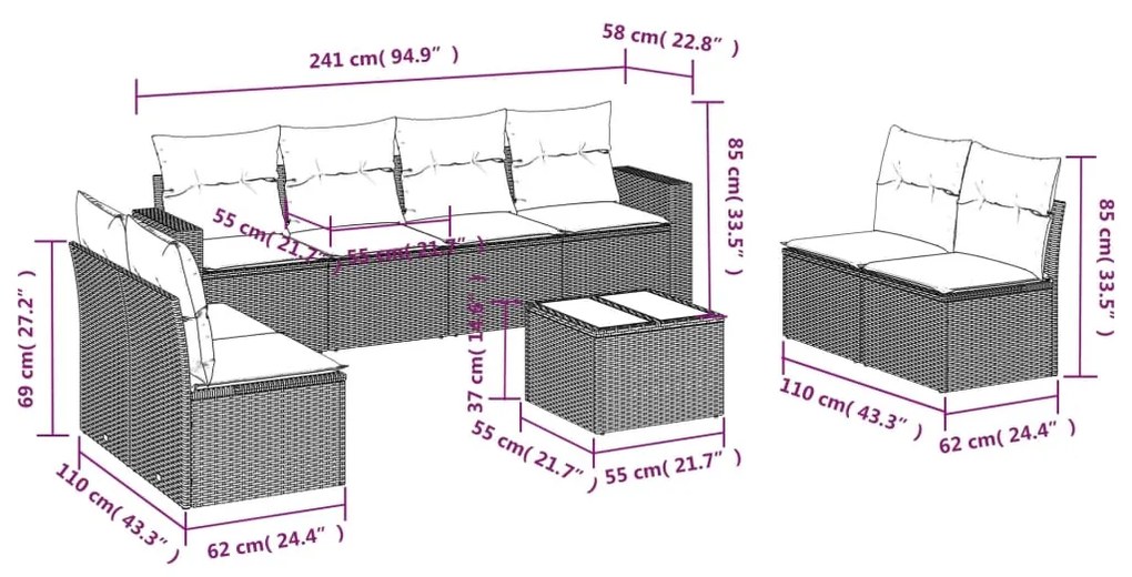 9 pcs conjunto de sofás p/ jardim com almofadões vime PE bege