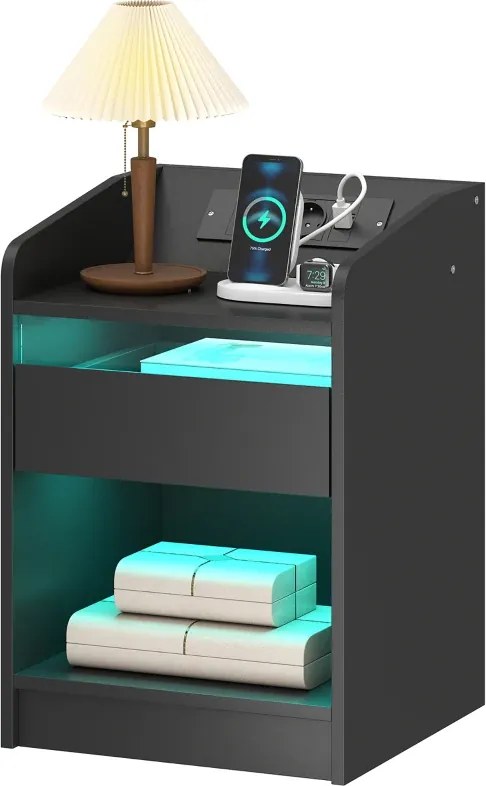 Mesa de Cabeceira com Luzes LED Gaveta 40x40x58 cm com Estação de Carregamento Entrada USB e Controlo Remoto Preta