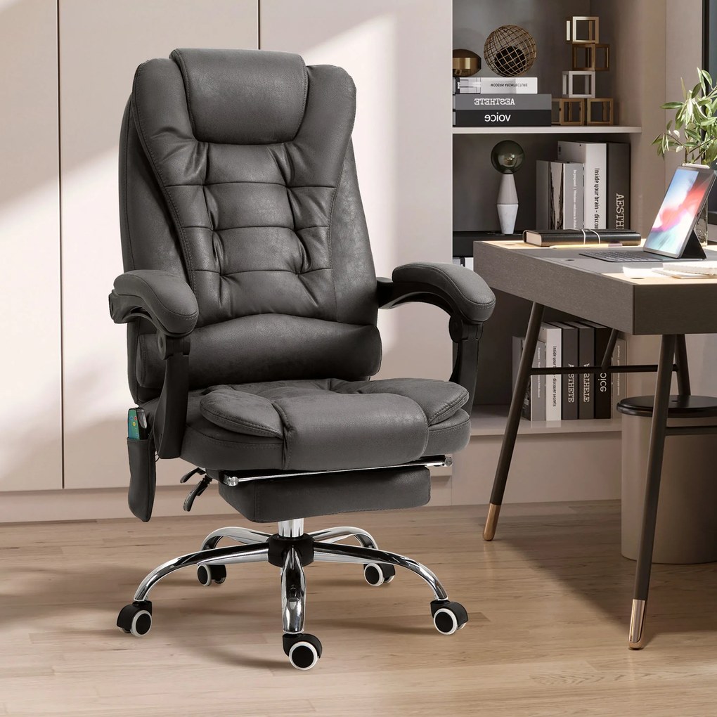 Cadeira de escritório com massagem e aquecimento, altura ajustável, encosto reclinável, apoio para os pés e almofada lombar integrada cinzento escuro