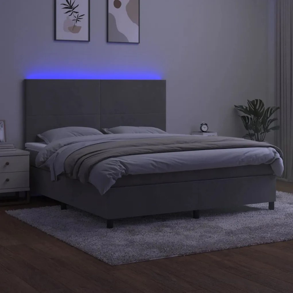 Cama box spring c/ colchão/LED 180x200 cm veludo cinzento-claro