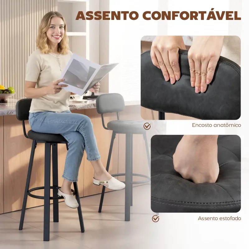 Conjunto de 2 Bancos de Bar Bancos Altos de Cozinha Giratórios Estofados em PU com Apoio para os Pés 35,5x43,5x98 cm Cinzento Escuro