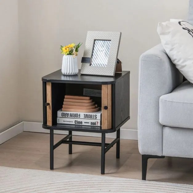 Mesa de cabeceira ou de mesa de apoio com portas de correr com armário de arrumação Pés de metal 40 x 39 x 49 cm Preto