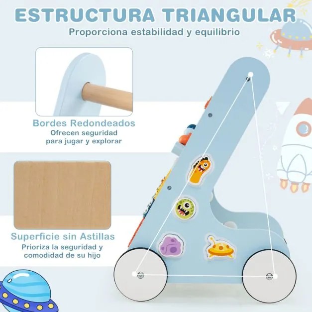 Andarilho de Madeira para Bebés Centro de Atividades de Aprendizagem para Empurrar e Puxar Azul