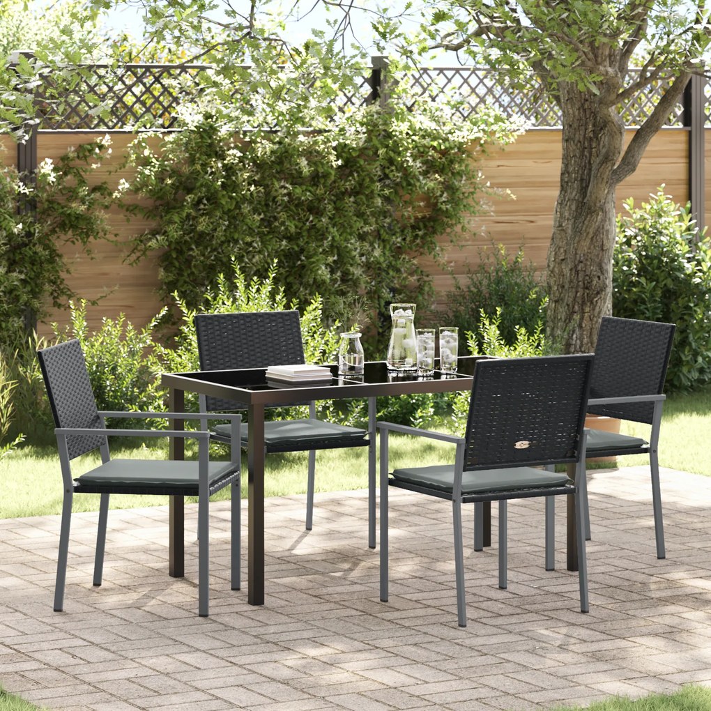 vidaXL Conjunto de Jantar para Jardim com 5 Peças com Almofadas em Rattan Preto