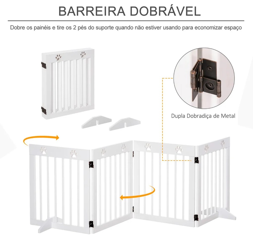 Barreira de Segurança Dobrável para Cães Grade de Proteção de 4 Painéis com Pés para Portas Escadas Corredor 204x30x61cm Branco