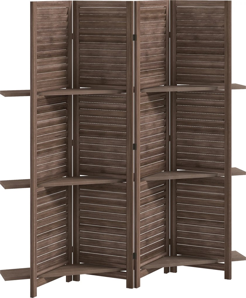 HOMCOM Biombo Interior em Madeira 4 Painéis 160x170 cm Separador de Ambiente Dobrável com 3 Prateleiras Nogueira | Aosom Portugal