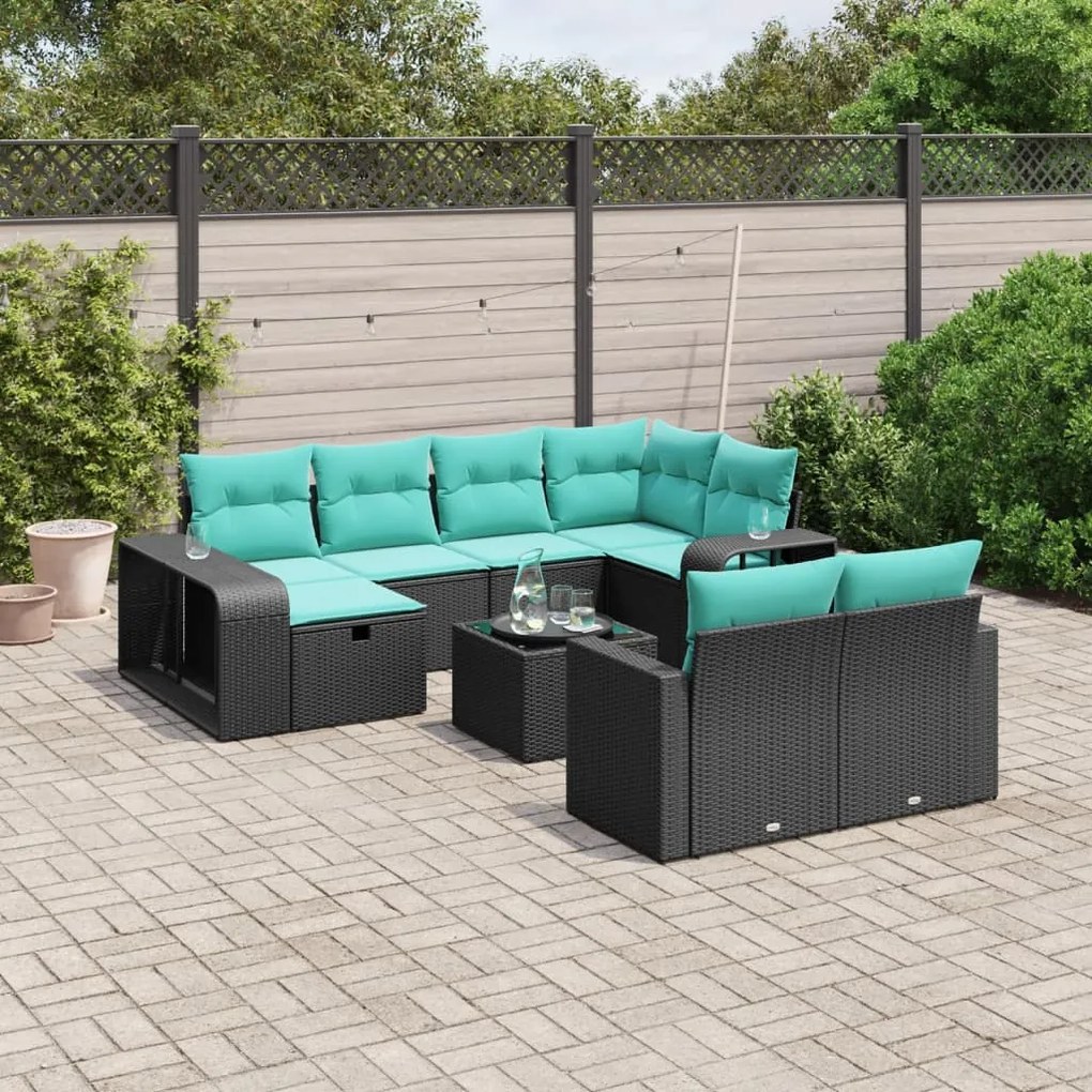 vidaXL 11 pcs conjunto sofás de jardim c/ almofadões vime PE preto