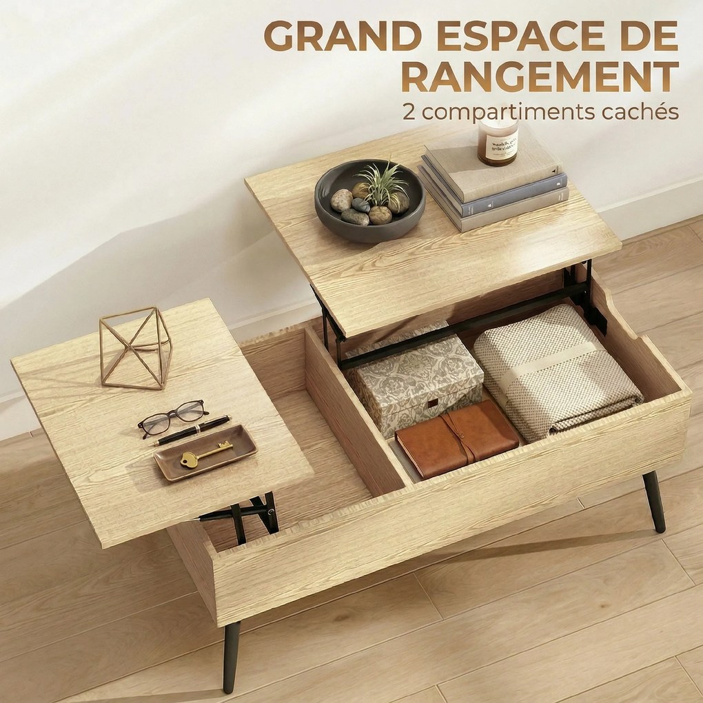 Mesa de centro elevável 100 x 50 x 43,6 cm com tampo duplo, mesa de sala com compartimento oculto e pés em metal e madeira natural