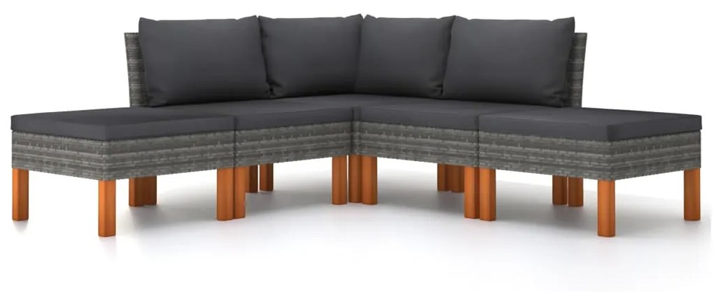 5 pcs conjunto lounge de jardim c/ almofadões vime PE cinzento