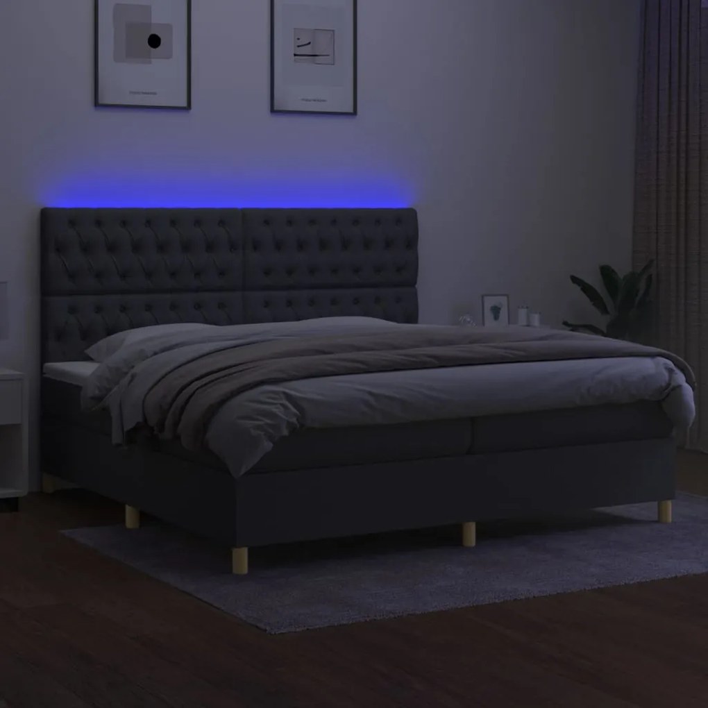 Cama box spring c/ colchão e LED 200x200 cm tecido cinza-escuro